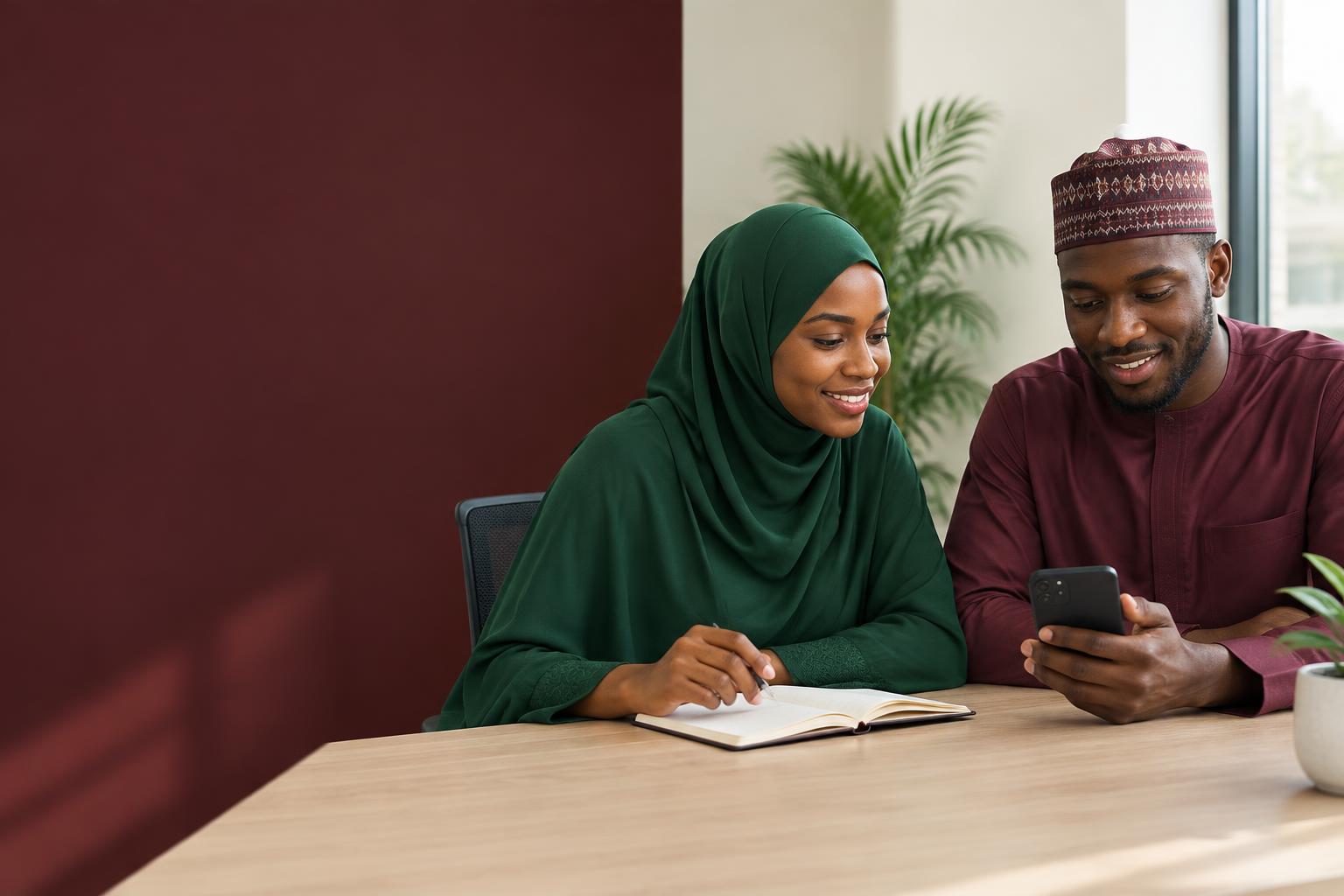 Two people reviewing savings records together